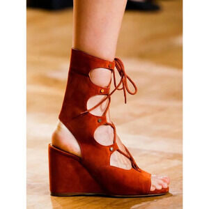 Chloe Rust Orange Suede Leather Lettonia Gladiator Wedge Sandals Size 38